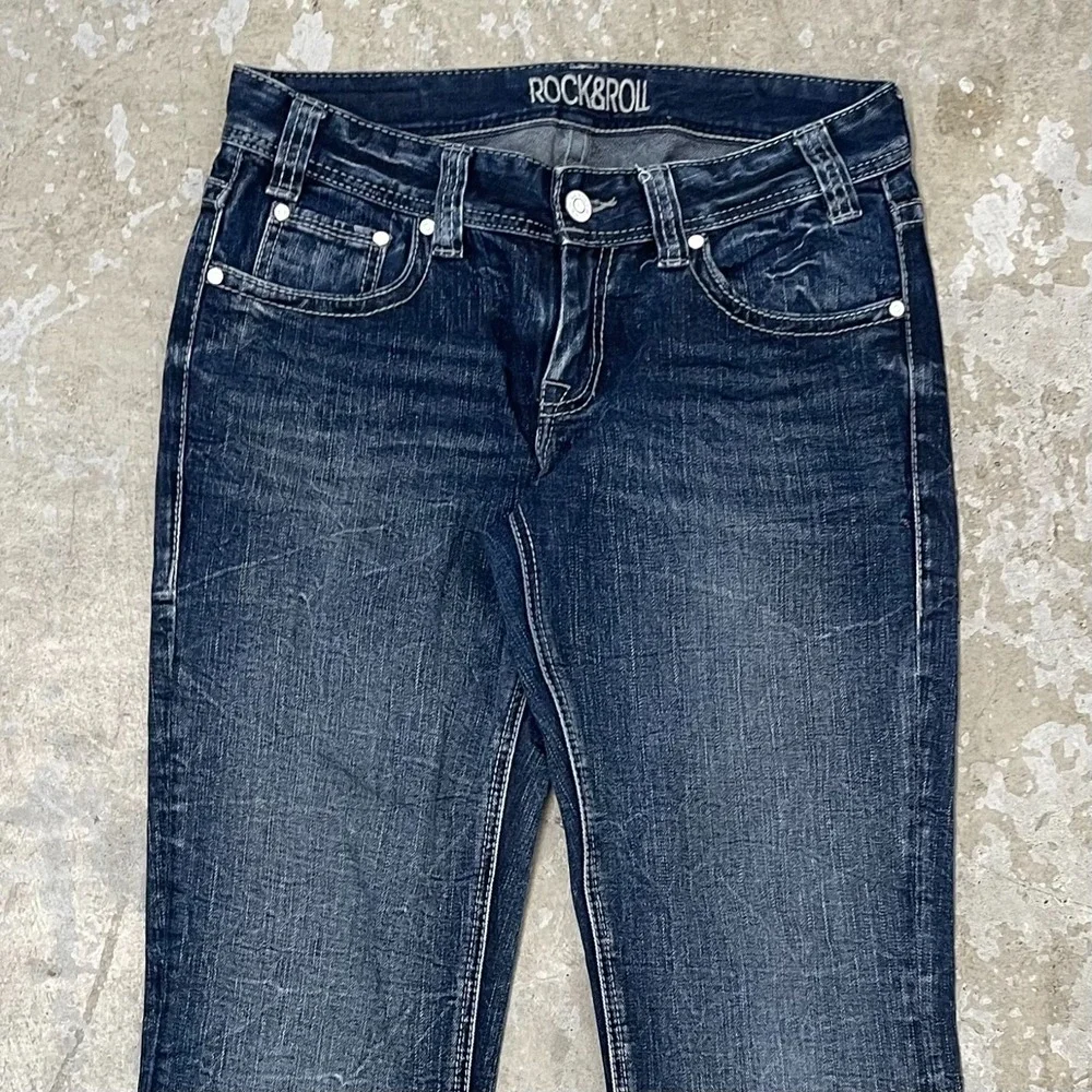 Rock & Roll Cowgirl Jeans Women 29x32 Blue Mid Trouser Flare Boho Mid Rise Denim